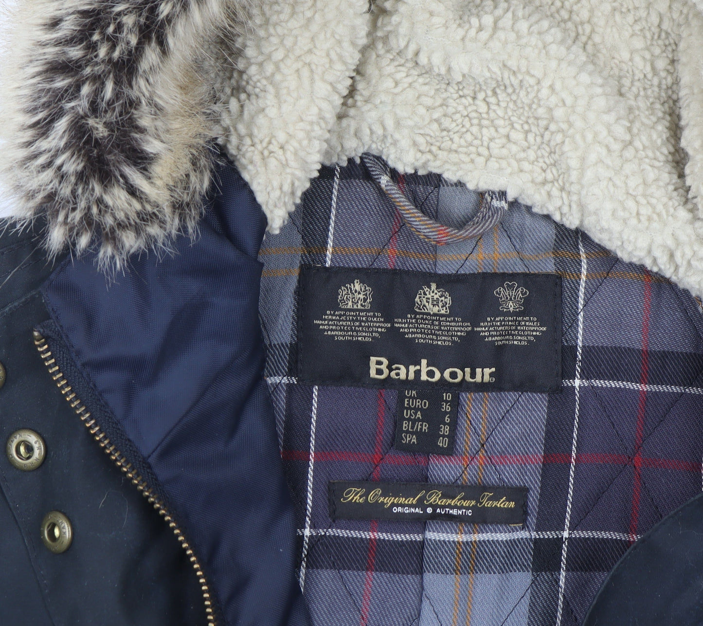 Barbour Women Black Waxed Fur Hooded Parka Jacket Size 10