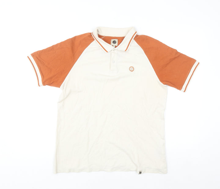Pretty Green Men's Ivory and Orange Cotton Polo Shirt Size M