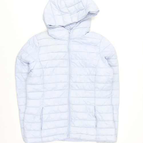 Dunnes Stores Womens Pale Blue Puffer Jacket Size 12 Hooded Zip Winter Coat
