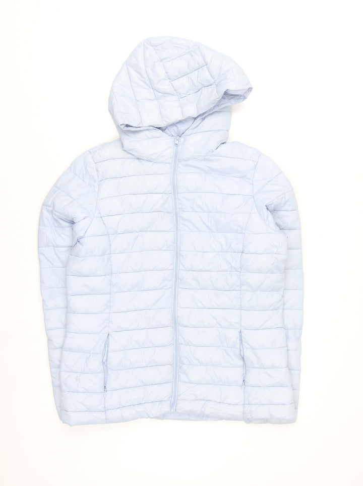 Dunnes Stores Womens Pale Blue Puffer Jacket Size 12 Hooded Zip Winter Coat