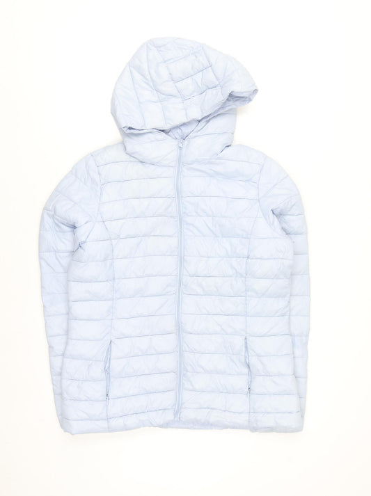 Dunnes Stores Womens Pale Blue Puffer Jacket Size 12 Hooded Zip Winter Coat