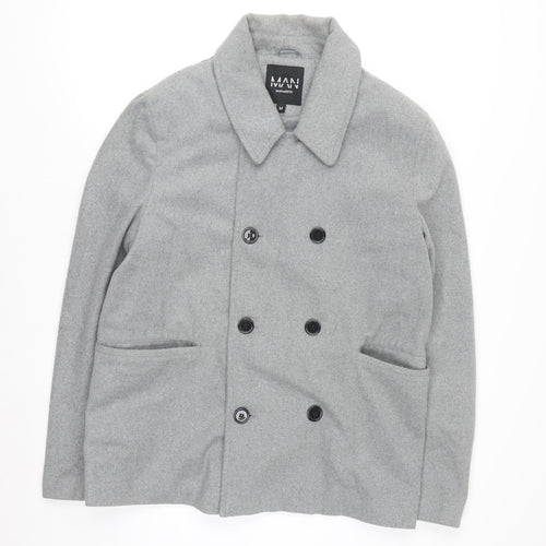 boohooMAN Men’s Grey Wool Blend Pea Coat Size M Regular Fit
