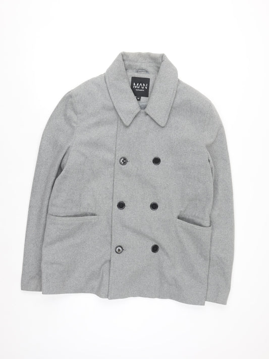 boohooMAN Men’s Grey Wool Blend Pea Coat Size M Regular Fit