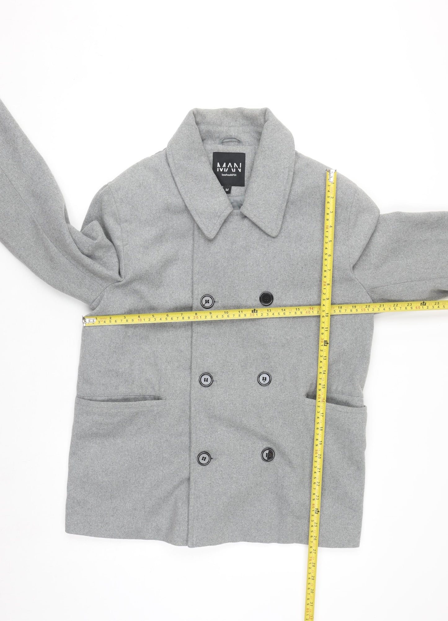 boohooMAN Men’s Grey Wool Blend Pea Coat Size M Regular Fit