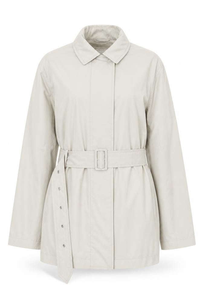 Front view of ALIEN OUTERWEAR women’s beige belted trench coat, size UK 12