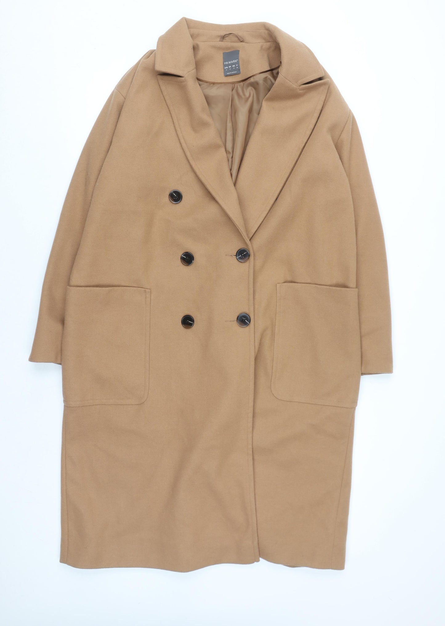 Primark Women’s Beige Long Overcoat Size 16 Classic Lined Button Style