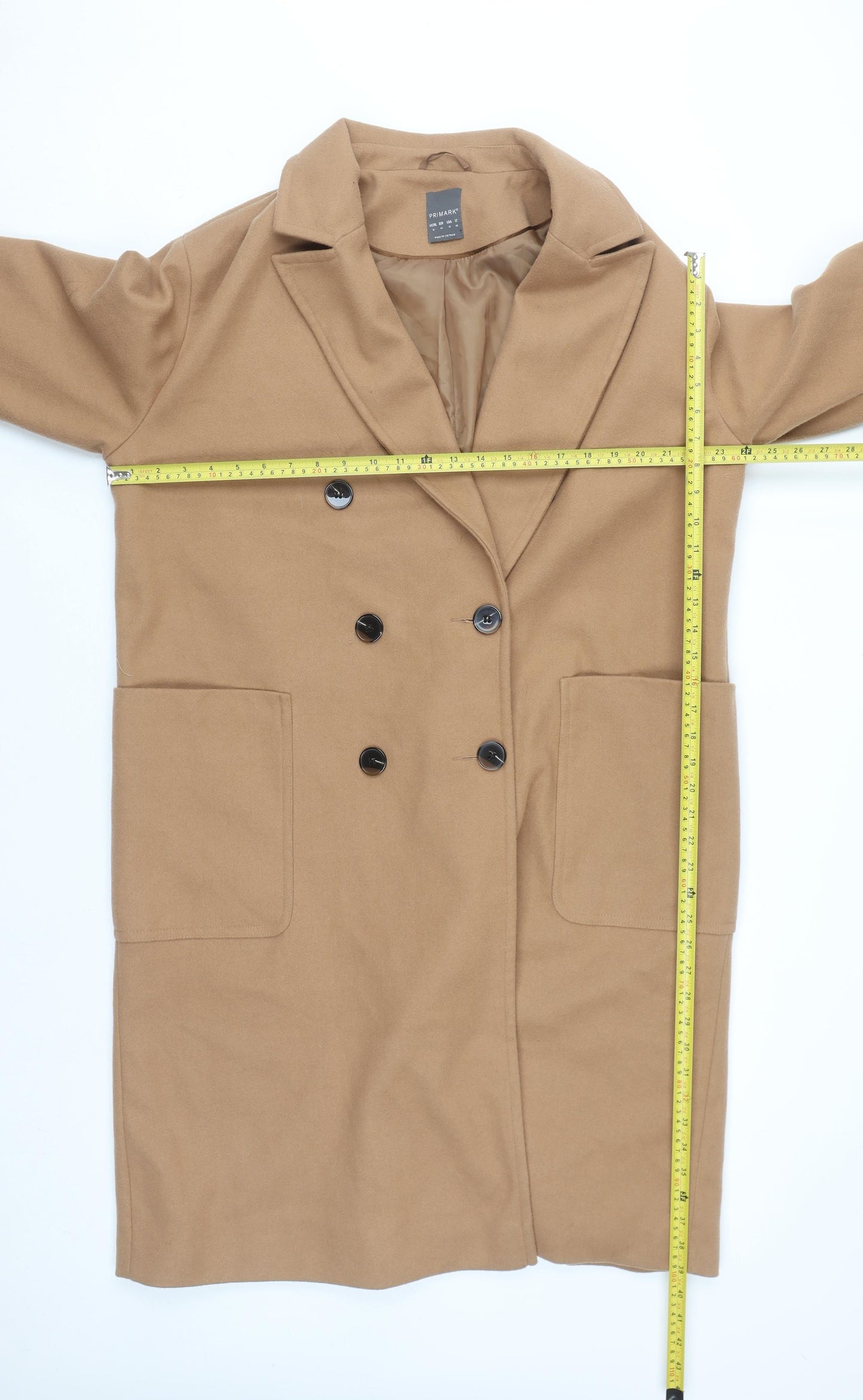 Primark Women’s Beige Long Overcoat Size 16 Classic Lined Button Style