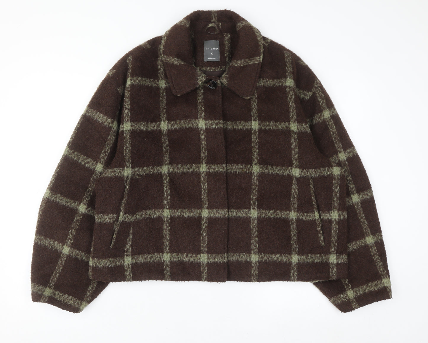 Primark Women Brown Check Wool Blend Bomber Jacket XL