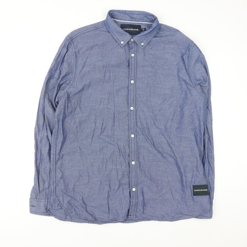 Calvin Klein Jeans Men's Blue Button-Down Long Sleeve Cotton Shirt XL