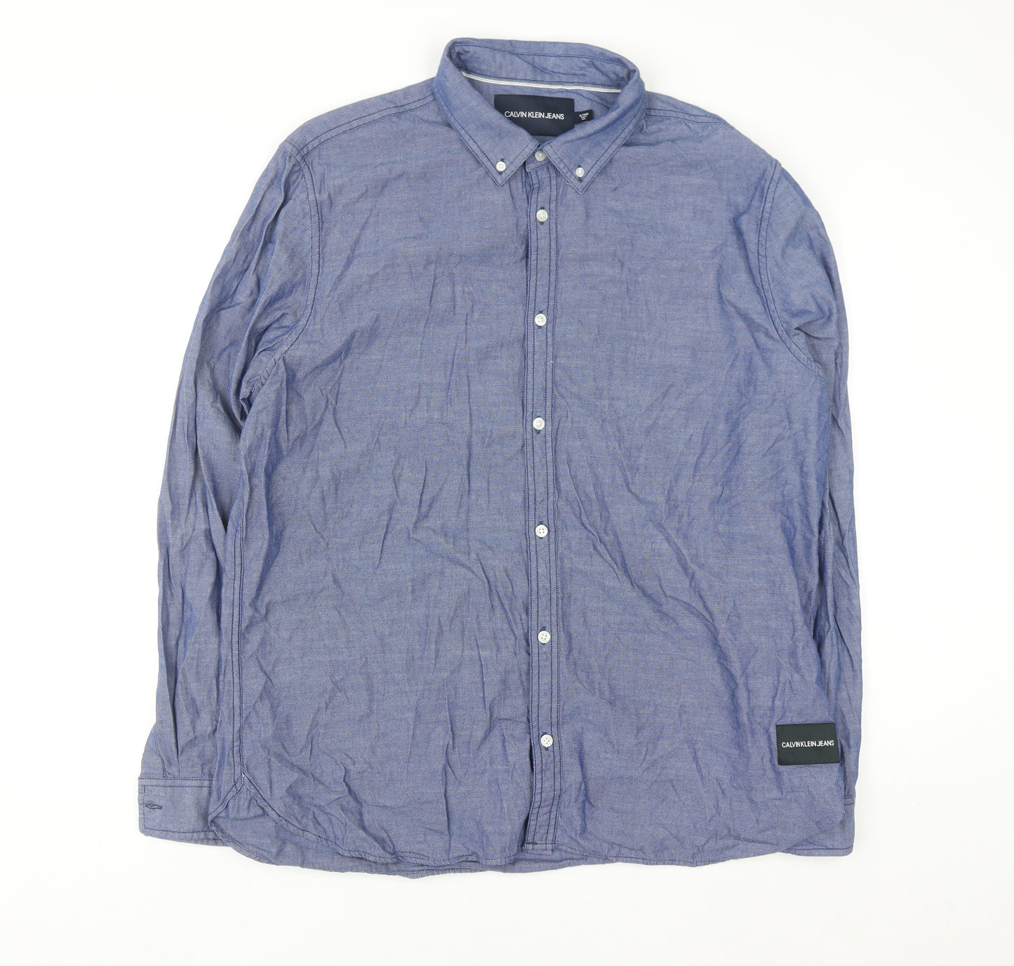 Calvin Klein Jeans Men's Blue Button-Down Long Sleeve Cotton Shirt XL