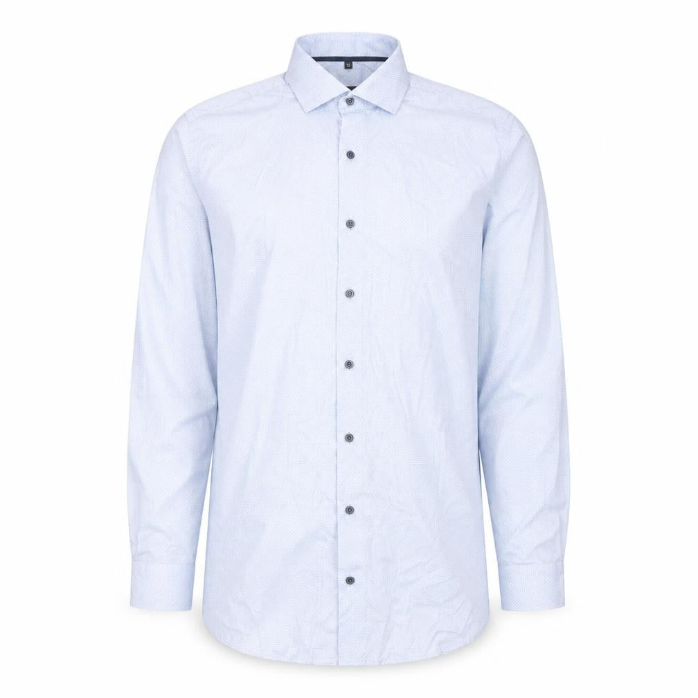 Front view of Eterna Men's Blue Slim Fit Long Sleeve Cotton Button-Up Shirt 17
