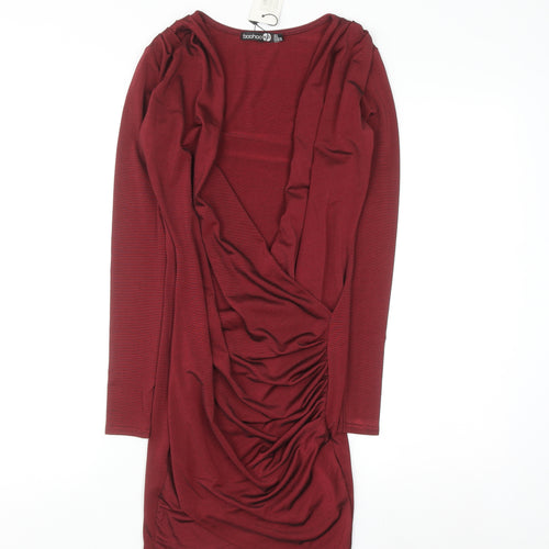 Boohoo Women Red Size 8 Bodycon Long Sleeve Ruched Mini Dress