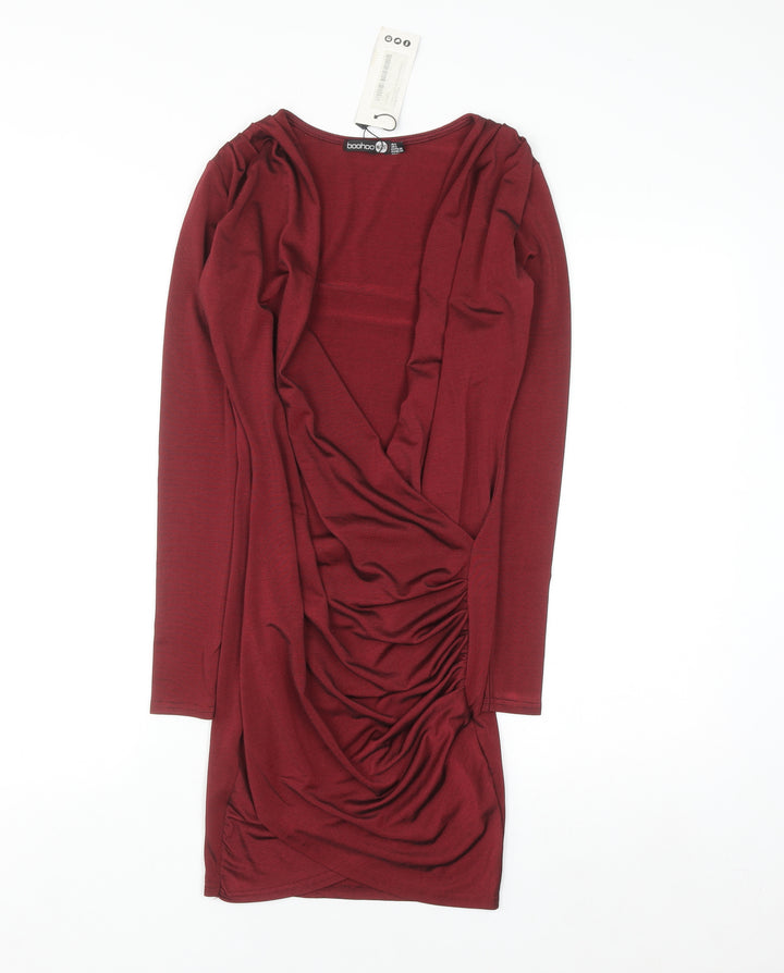 Boohoo Women Red Size 8 Bodycon Long Sleeve Ruched Mini Dress