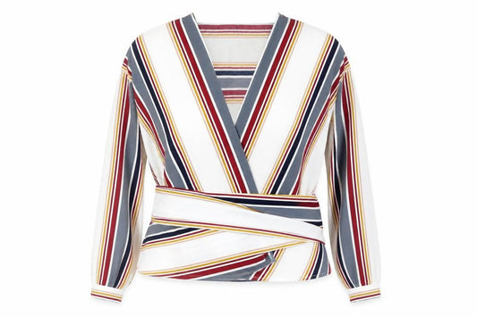 Front view of New Look Women’s Multicoloured Stripe Wrap Blouse UK 8