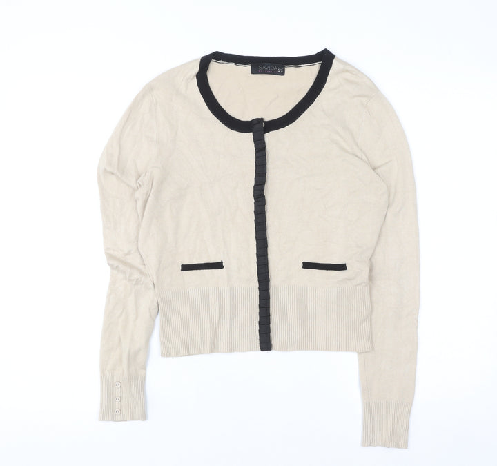 Savida Women’s Beige Black Trim Cardigan UK 12 Long Sleeve Knitwear