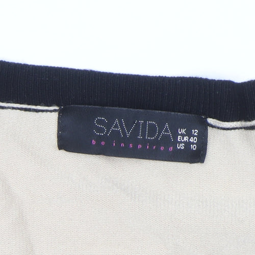 Savida Women’s Beige Black Trim Cardigan UK 12 Long Sleeve Knitwear