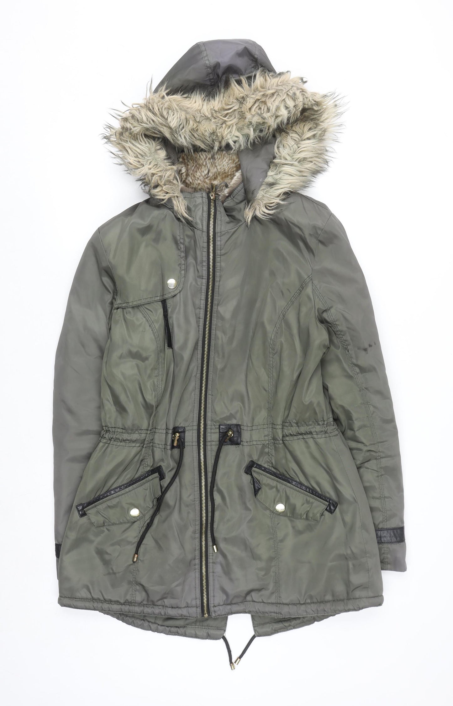 F&F Women’s Green Faux Fur Hooded Parka Coat Size 14