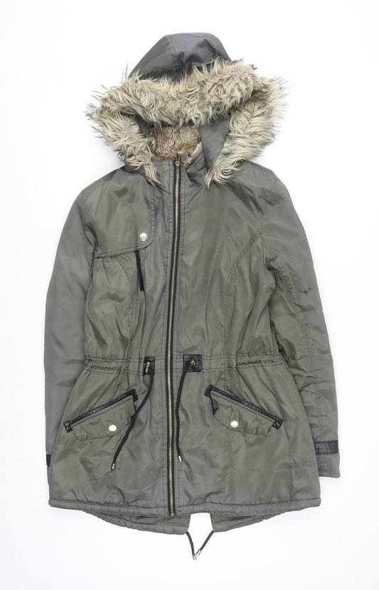 F&F Women’s Green Faux Fur Hooded Parka Coat Size 14