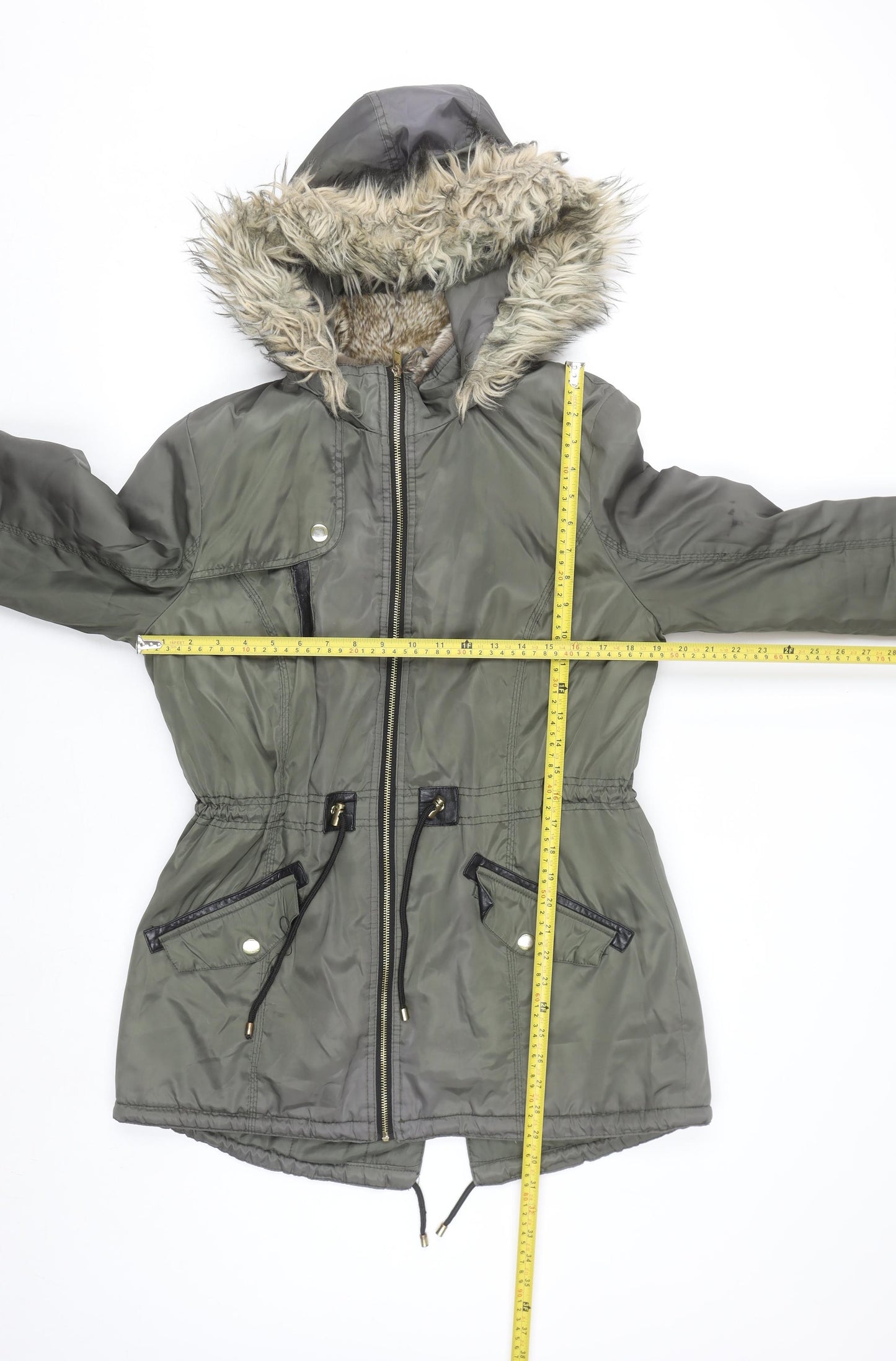 F&F Women’s Green Faux Fur Hooded Parka Coat Size 14