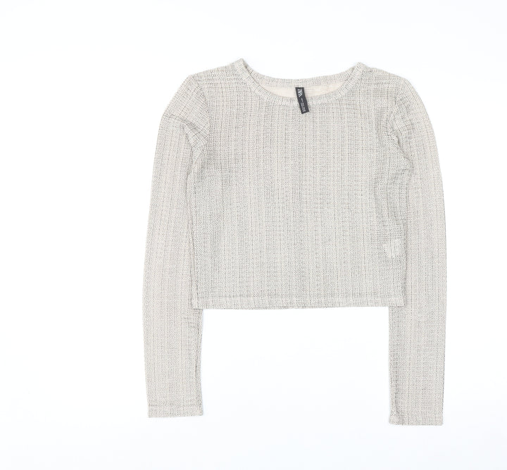 Zara Women’s Beige Metallic Knit Cropped Long Sleeve Blouse Size S