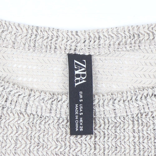 Zara Women’s Beige Metallic Knit Cropped Long Sleeve Blouse Size S