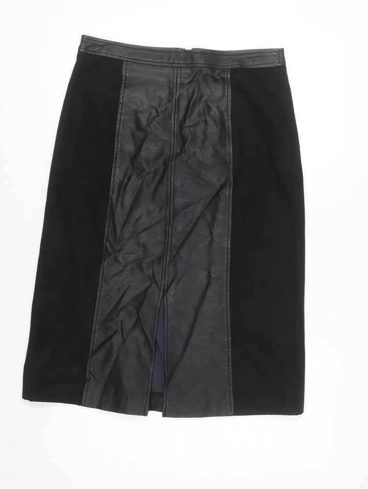 Oasis Womens Black Faux Leather Pencil Skirt Size 10 Lined Knee Length