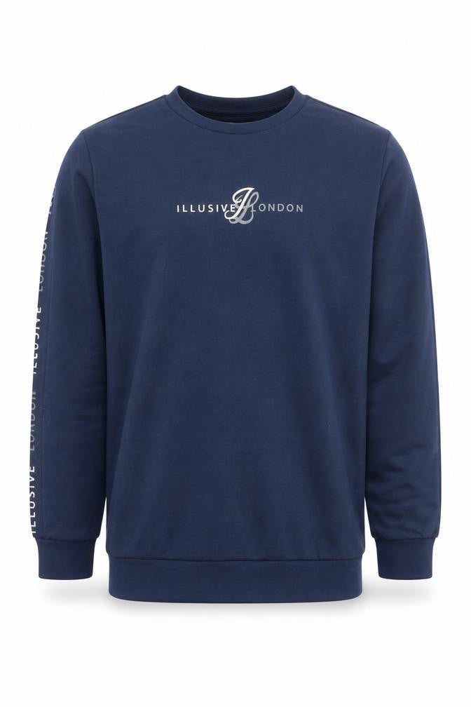 Front view of Illusive London Men's Blue Logo Crew Neck Sweatshirt, size L