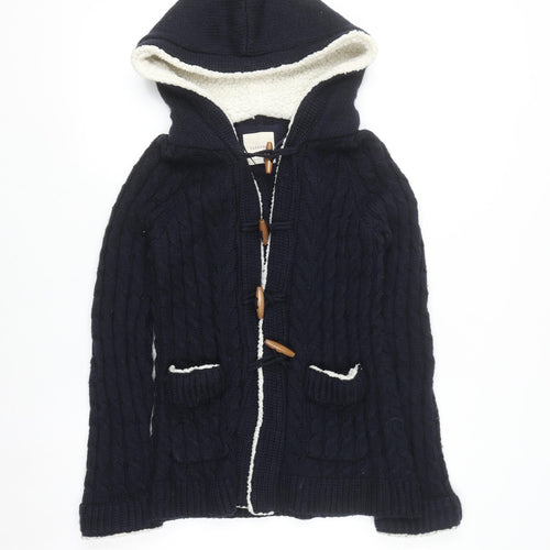 Zara Knit Women's Navy Hooded Cable-Knit Cardigan Size S Toggle Wool Blend