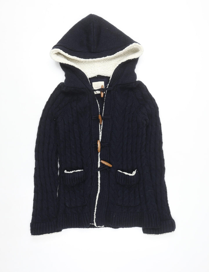 Zara Knit Women's Navy Hooded Cable-Knit Cardigan Size S Toggle Wool Blend