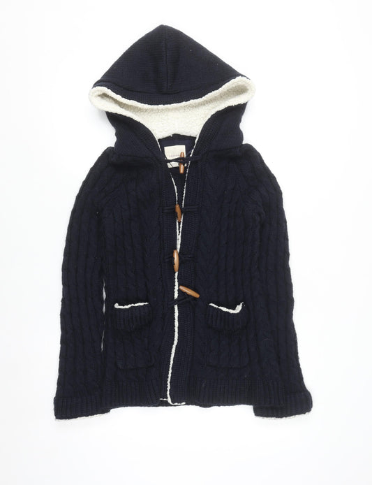 Zara Knit Women's Navy Hooded Cable-Knit Cardigan Size S Toggle Wool Blend