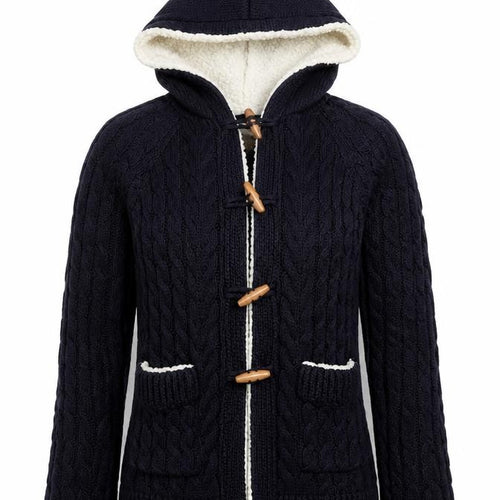 Zara Knit Women's Navy Hooded Cable-Knit Cardigan Size S Toggle Wool Blend