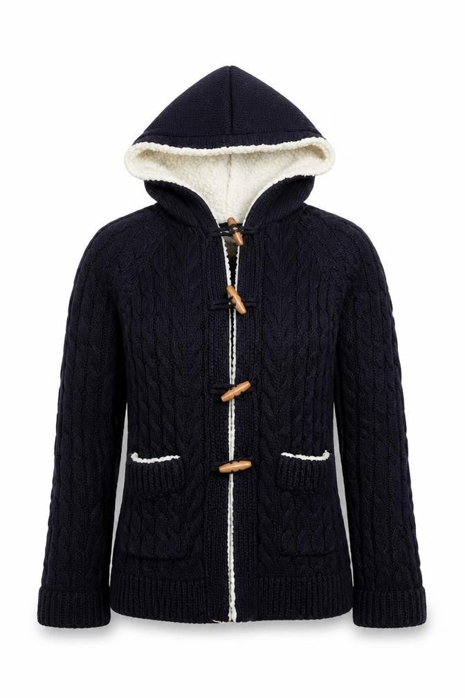 Zara Knit Women's Navy Hooded Cable-Knit Cardigan Size S Toggle Wool Blend