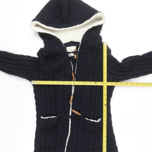 Zara Knit Women's Navy Hooded Cable-Knit Cardigan Size S Toggle Wool Blend