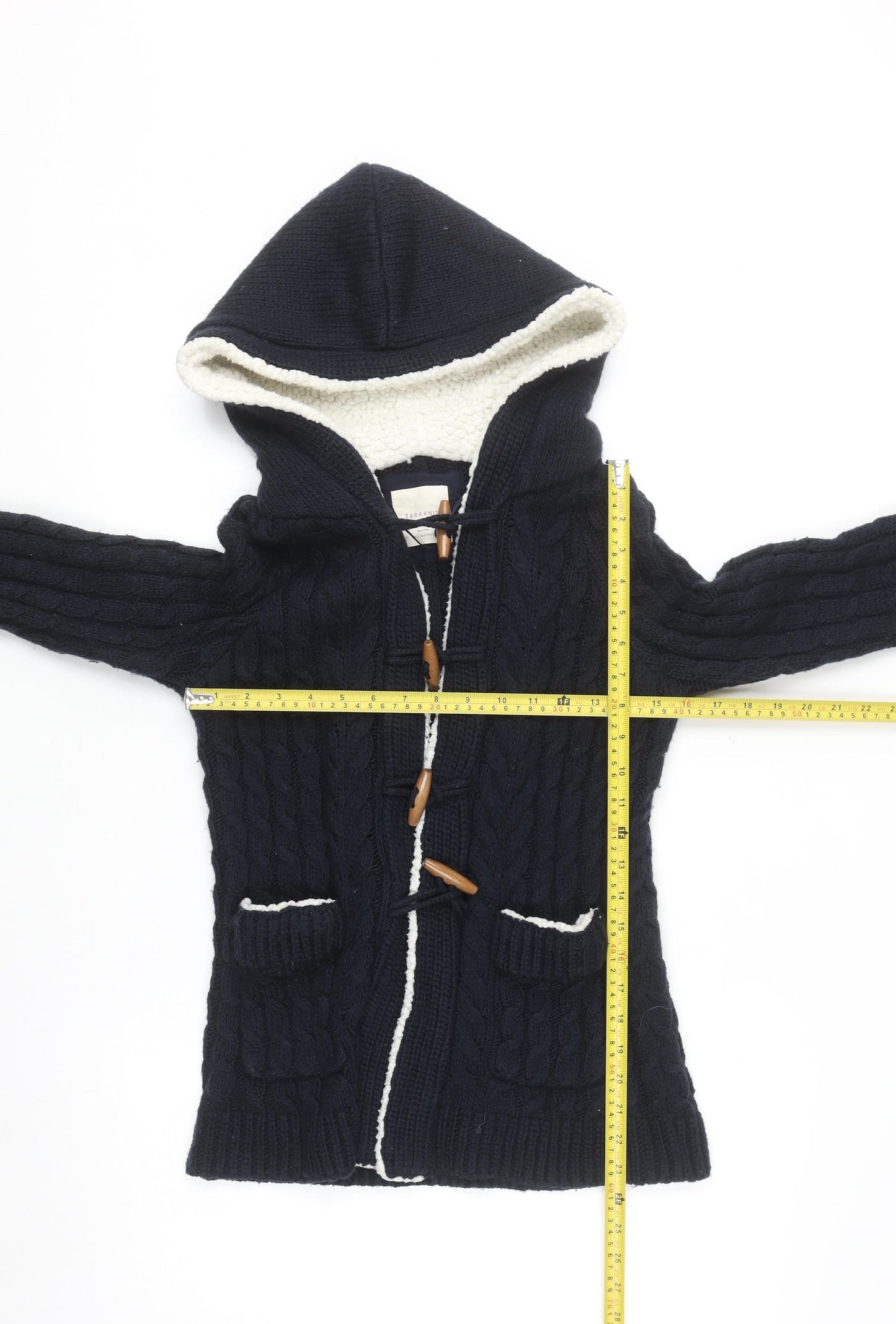 Zara Knit Women's Navy Hooded Cable-Knit Cardigan Size S Toggle Wool Blend