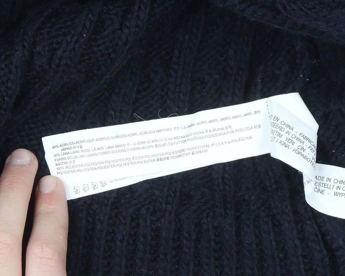 Zara Knit Women's Navy Hooded Cable-Knit Cardigan Size S Toggle Wool Blend