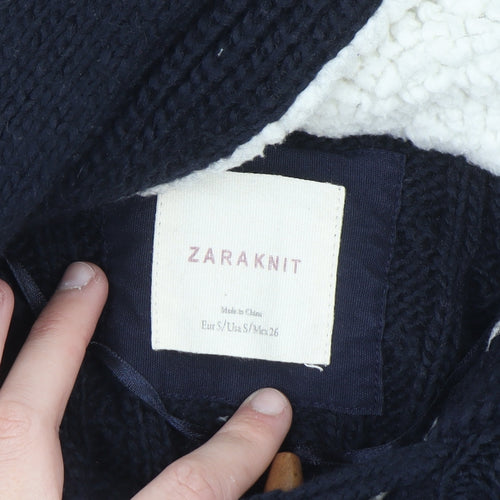 Zara Knit Women's Navy Hooded Cable-Knit Cardigan Size S Toggle Wool Blend