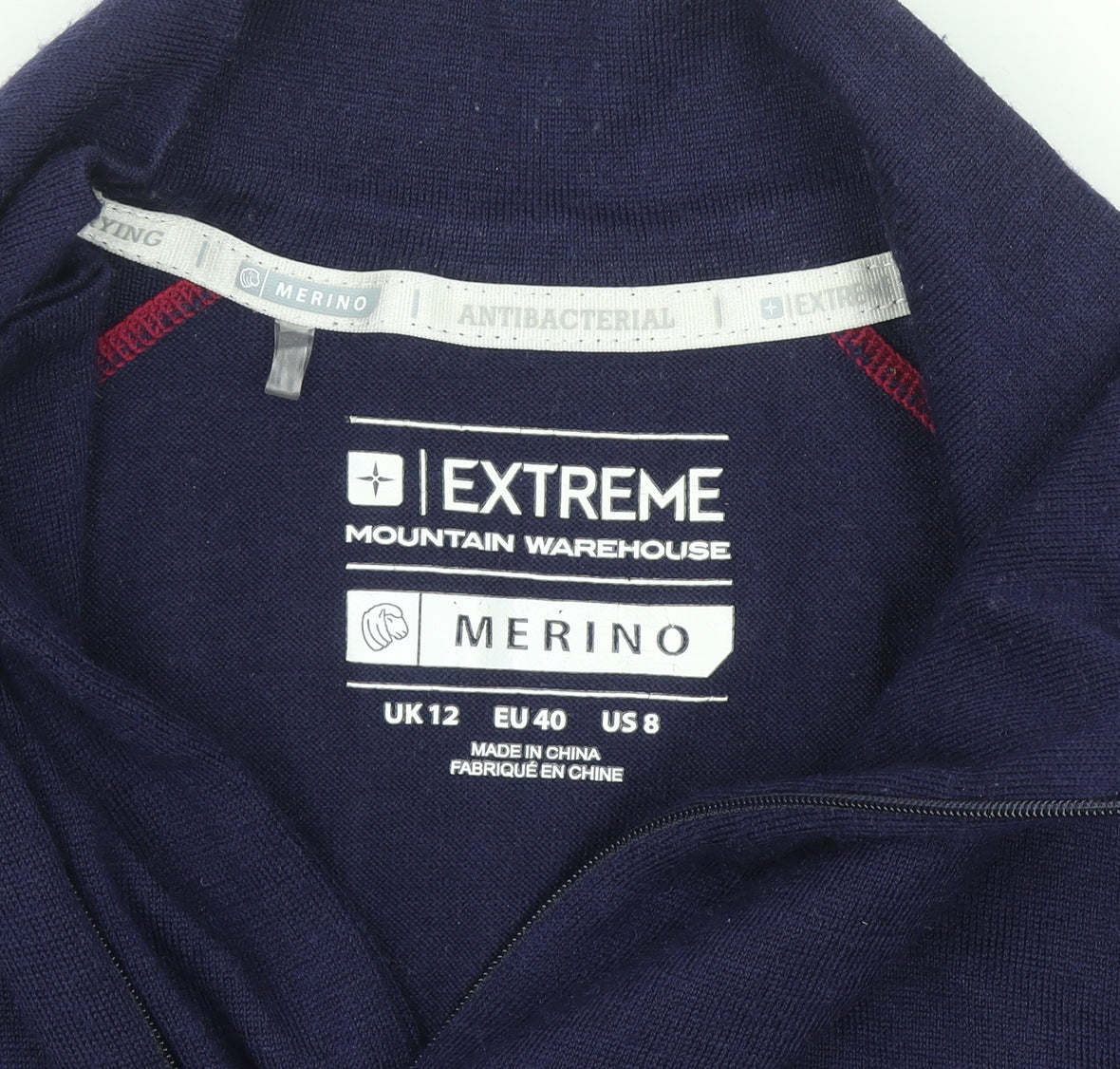 Mountain Warehouse Womens Blue Red Merino Wool 1/2 Zip Pullover UK 12