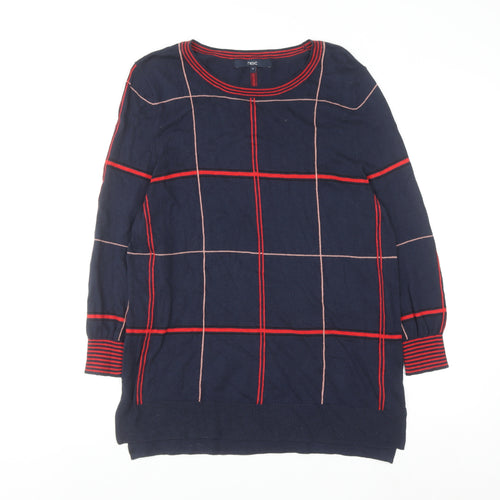 Next Womens Blue Check Long Sleeve Cotton Blend Pullover Jumper Size 14