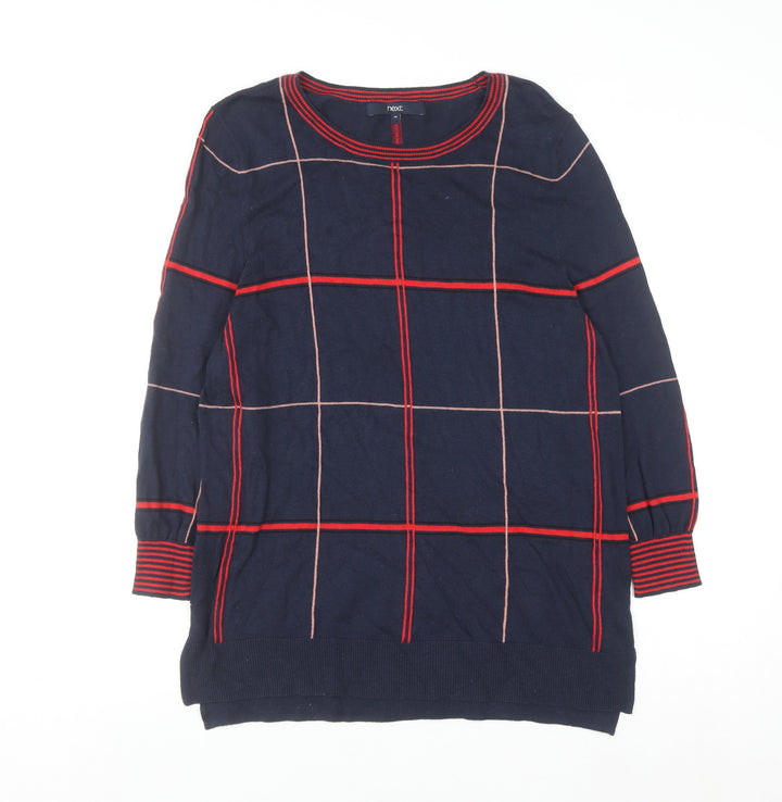 Next Womens Blue Check Long Sleeve Cotton Blend Pullover Jumper Size 14