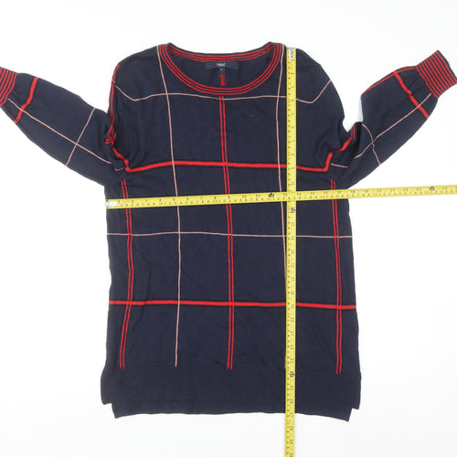 Next Womens Blue Check Long Sleeve Cotton Blend Pullover Jumper Size 14