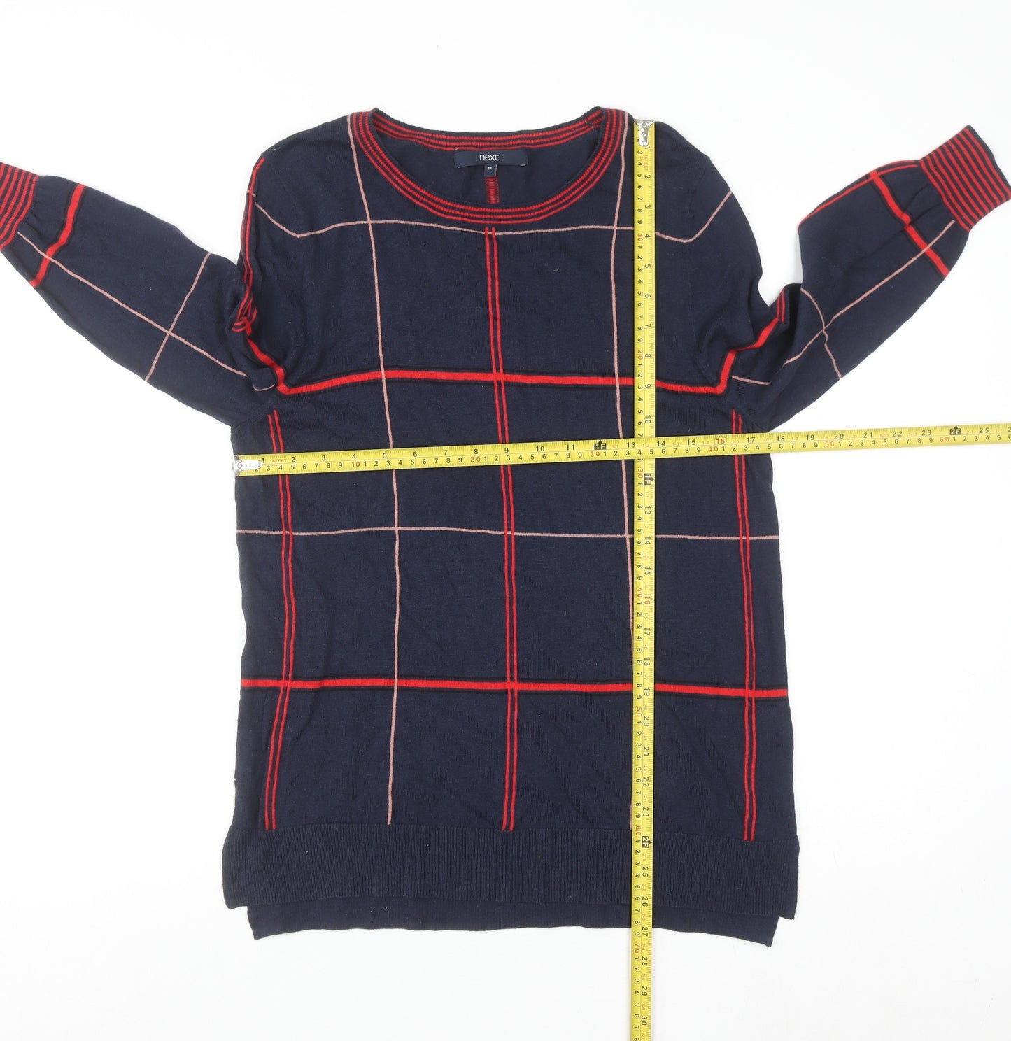 Next Womens Blue Check Long Sleeve Cotton Blend Pullover Jumper Size 14