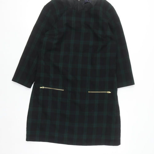 Gap Women Green Check Shift Dress Size S 3/4 Sleeve Zip Detail