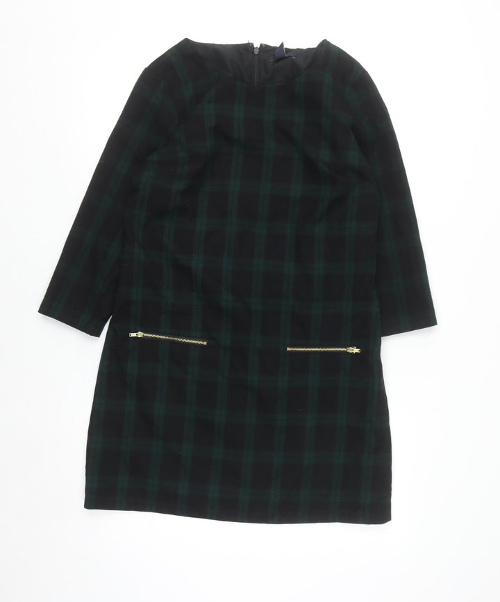 Gap Women Green Check Shift Dress Size S 3/4 Sleeve Zip Detail