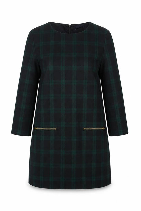 Front view of Gap Women Green Check Shift Dress, size S, 3/4 Sleeve Zip Detail