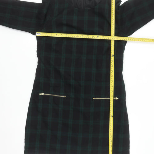 Gap Women Green Check Shift Dress Size S 3/4 Sleeve Zip Detail