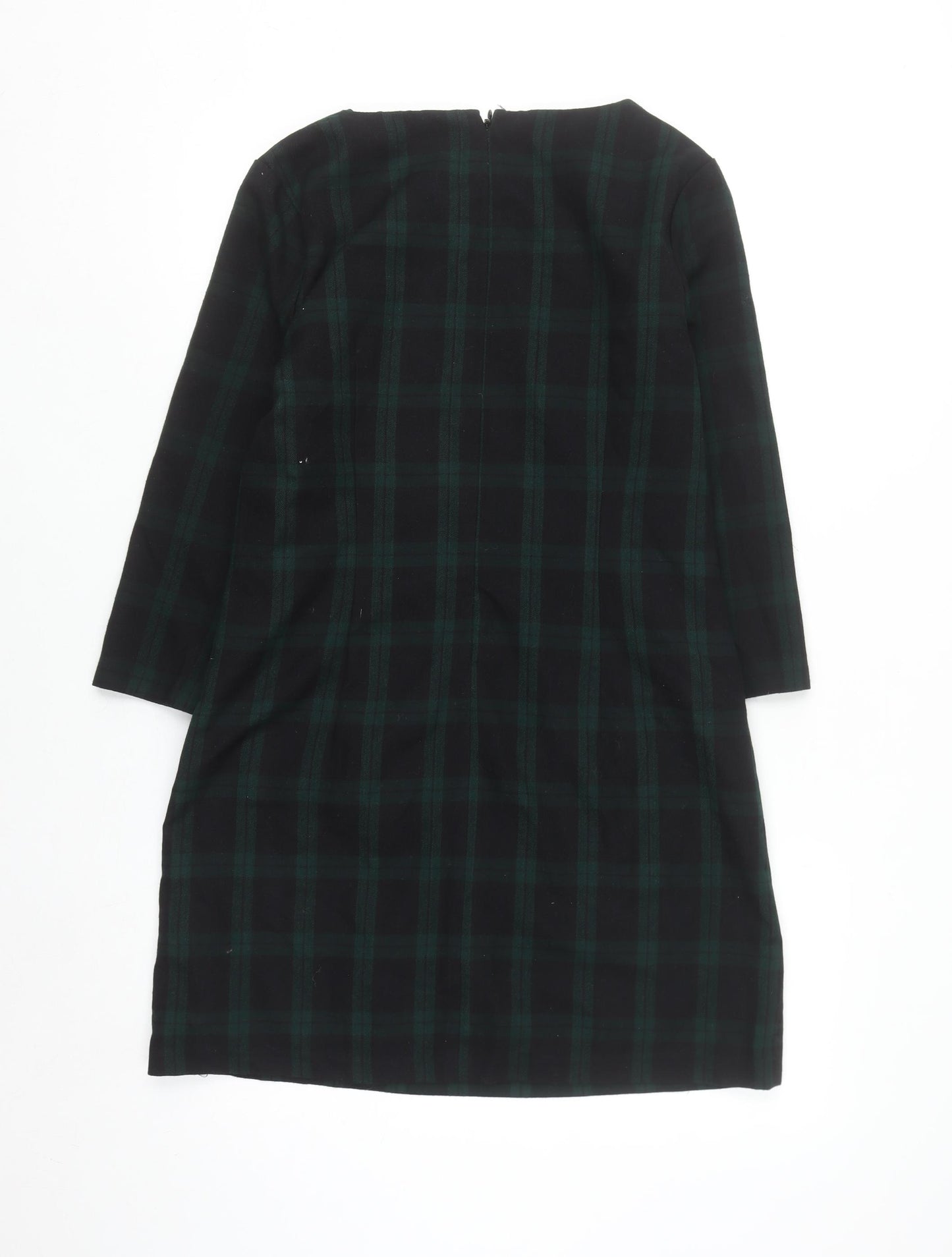 Gap Women Green Check Shift Dress Size S 3/4 Sleeve Zip Detail