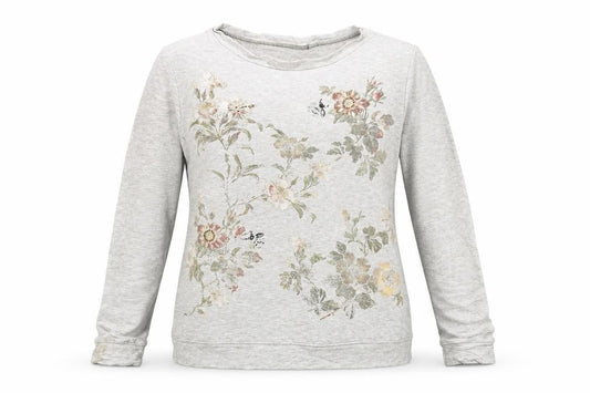 Front view of Oasis girls’ grey floral jumper small viscose blend long sleeve