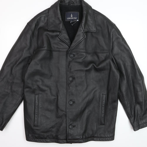 London Fog Men's Black Leather Overcoat L Lined Button-Up Jacket