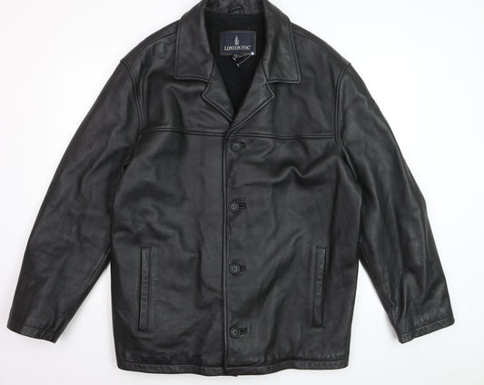 London Fog Men's Black Leather Overcoat L Lined Button-Up Jacket