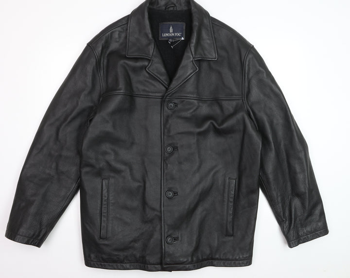 London Fog Men's Black Leather Overcoat L Lined Button-Up Jacket